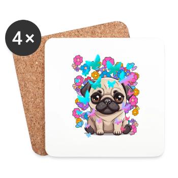 Chien Chiens Carlin Printemps Fleurs Papillons - Dessous de verre (lot de 4) - blanc - Devant
