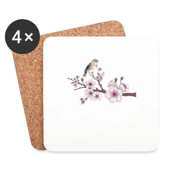 Kirschblüte Vogel Illustration Cherry Blossom Bird - Coasters (set of 4) - white - Front