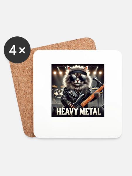 Heavy Metal Katze mit Gitarre - Untersetzer (4er-Set) - Weiß