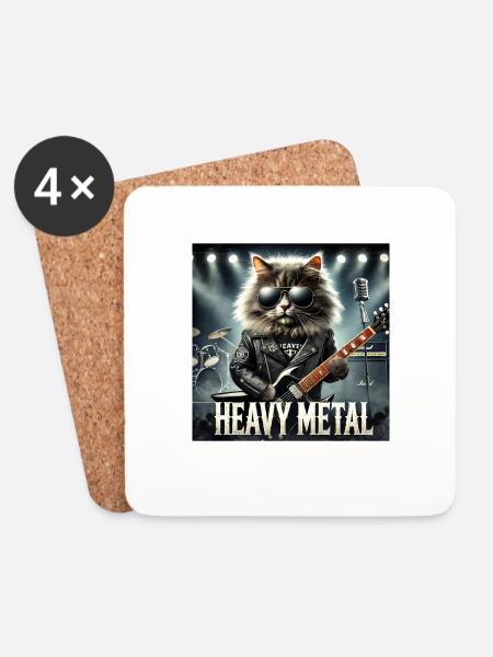 Heavy Metal Katze mit Gitarre - Untersetzer (4er-Set) - Weiß