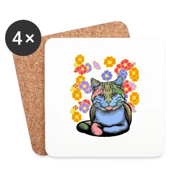 Chat Chats Chat domestique Fleurs Enfants Enfant - Dessous de verre (lot de 4) - blanc - Devant