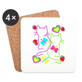 Chats rétro fraise été papillon coeur - Dessous de verre (lot de 4) - blanc - Devant