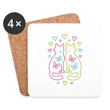 Paire colorée de chats avec des coeurs papillons - Dessous de verre (lot de 4) - blanc - Devant