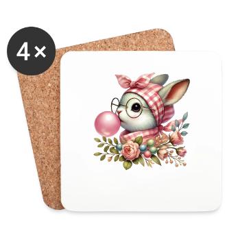 Lapin rétro de Pâques avec des verres et des fleurs - Dessous de verre (lot de 4) - blanc - Devant