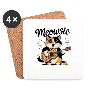 Meowsic Cat Playing With Guitar Music Musician - Coasters (set of 4) - white - Front