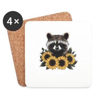 Waschbär mit Sonnenblumen - Untersetzer (4er-Set) - Weiß - Vorne