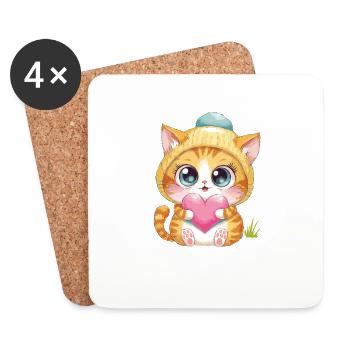 Chaton mignon avec cœur et chapeau - Dessous de verre (lot de 4) - blanc - Devant