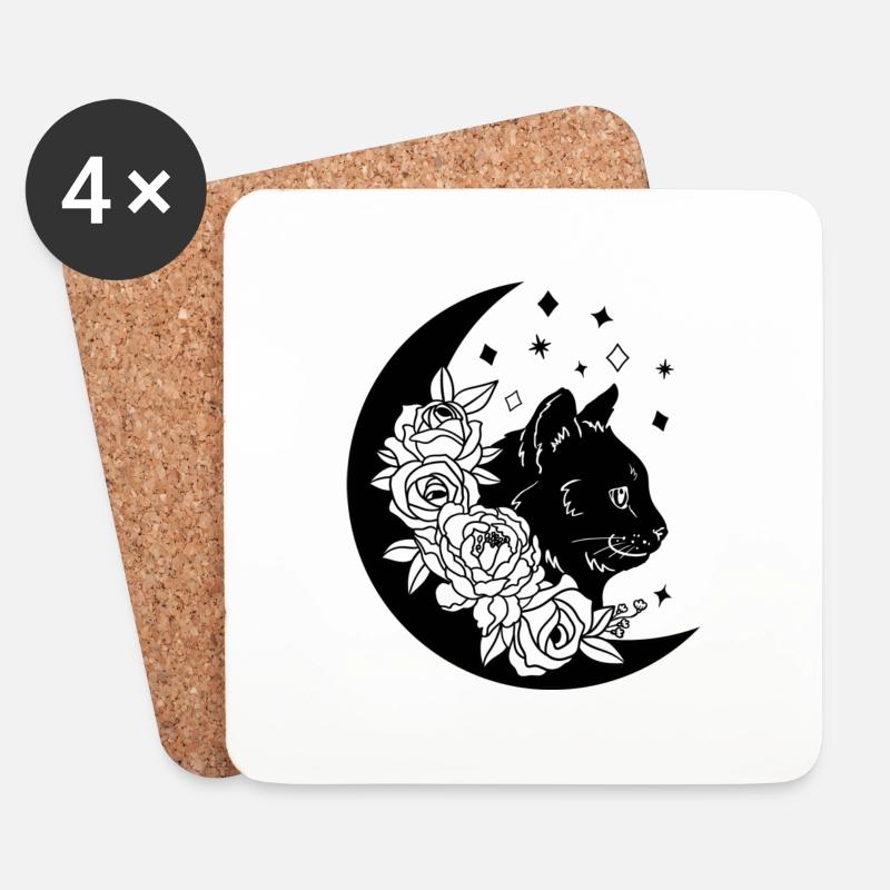Katze schwarz mit Rosen - Untersetzer (4er-Set) - Weiß