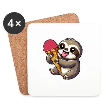 Mignon bébé paresseux léchant la glace à la fraise avec la langue - Dessous de verre (lot de 4) - blanc - Devant