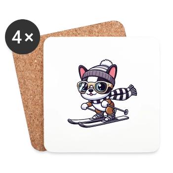 Chien Boston Terrier Skis De Ski Mignon Comic Win - Dessous de verre (lot de 4) - blanc - Devant