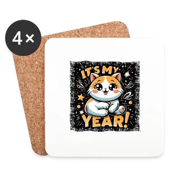 Chat et réveillon du Nouvel An - Ça va être mon année ! - Dessous de verre (lot de 4) - blanc - Devant