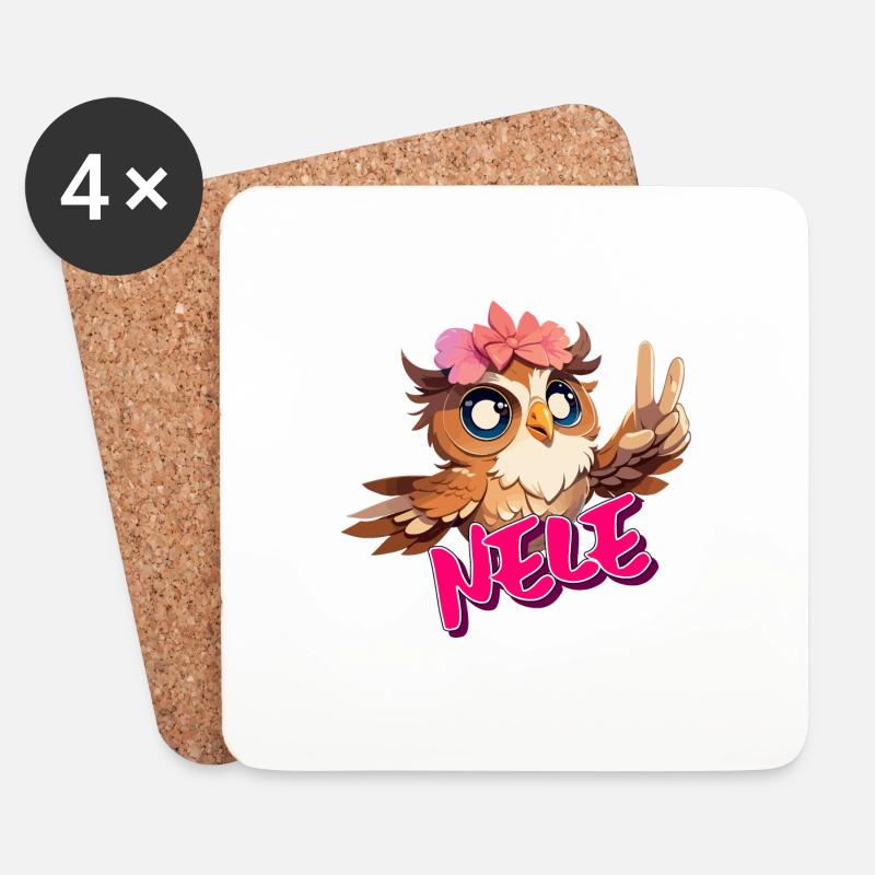NELE - Schöner Mädchen Name mit süßer EULE - Untersetzer (4er-Set) - Weiß