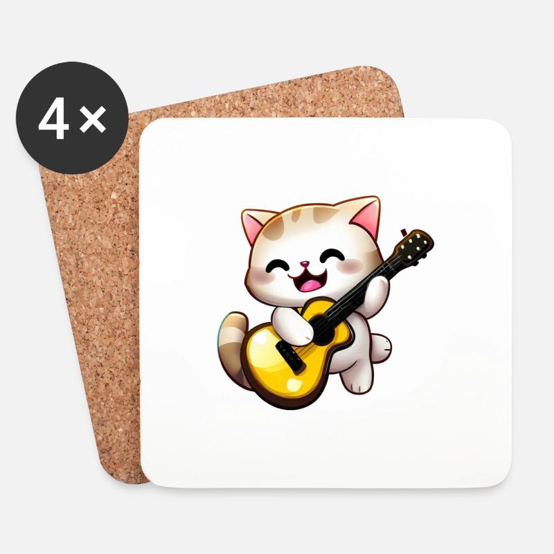 Katze mit Gitarre - Untersetzer (4er-Set) - Weiß