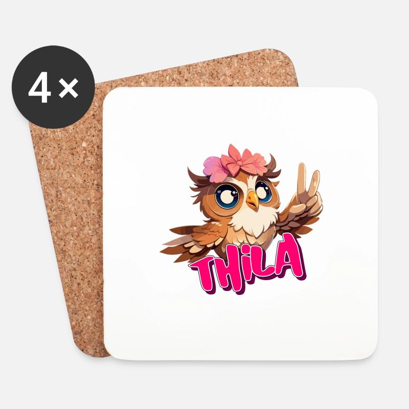 THILA - Schöner Mädchen Name mit süßer EULE - Untersetzer (4er-Set) - Weiß