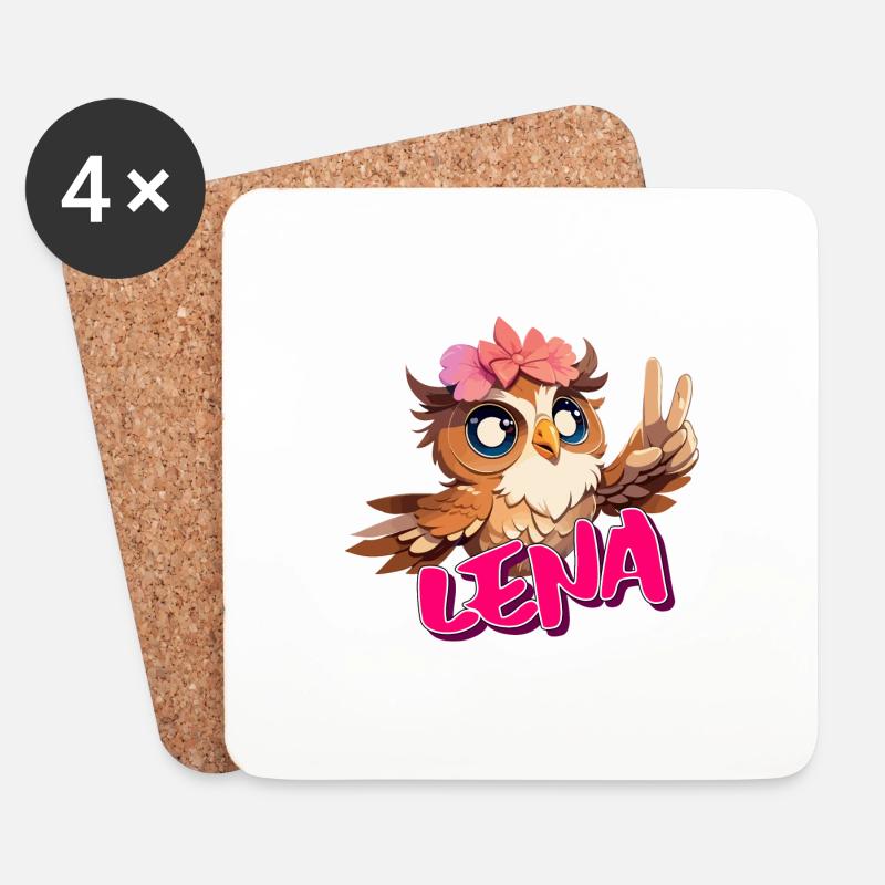 LENA - Schöner Mädchen Name mit süßer EULE - Untersetzer (4er-Set) - Weiß