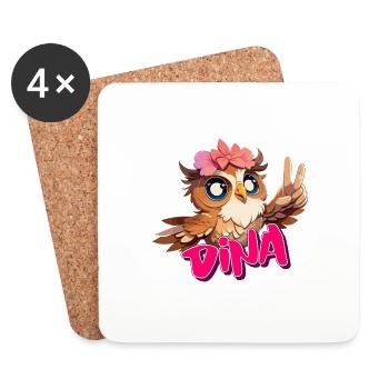 DINA - Beau nom de fille avec hibou mignon - Dessous de verre (lot de 4) - blanc - Devant