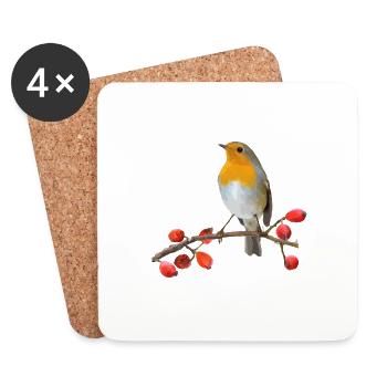 Rouge-gorge sur la branche avec des baies rouges - Dessous de verre (lot de 4) - blanc - Devant