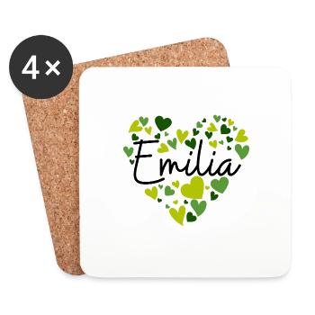 Design de nom Emilia avec des cœurs verts en forme de cœur - Dessous de verre (lot de 4) - blanc - Devant