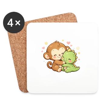 Cute Monkey & Baby Dino Cuddle - Coasters (set of 4) - white - Front