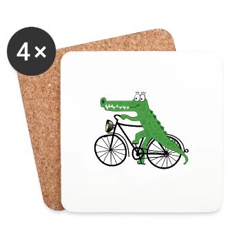 Krokodil mit Fahrrad - Untersetzer (4er-Set) - Weiß - Vorne
