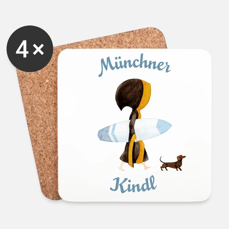 Münchner Kindl mit Surfbrett - Untersetzer (4er-Set) - Weiß