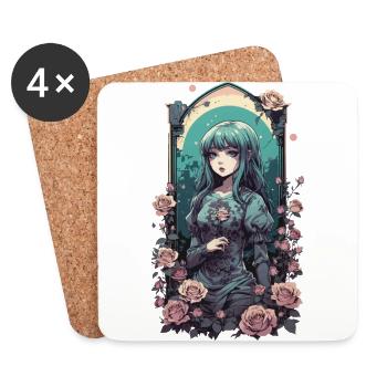 Gothique Anime Kawaii Fille avec Roses Design - Dessous de verre (lot de 4) - blanc - Devant