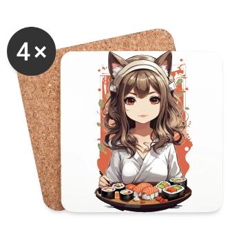 Kawaii Anime Chats Fille Sushi Design - Dessous de verre (lot de 4) - blanc - Devant