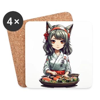 Kawaii Anime Sushi Girl avec des oreilles de chat Design - Dessous de verre (lot de 4) - blanc - Devant