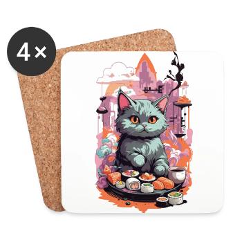 Chat Kawaii Sushi Pastel Lover Style Japon - Dessous de verre (lot de 4) - blanc - Devant