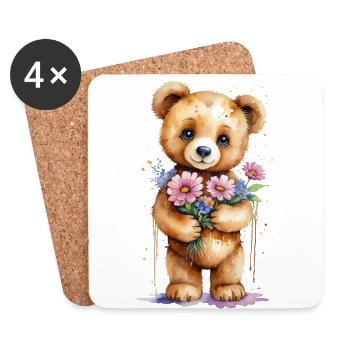 Kuscheliger Teddy mit Blumen - Aquarell - Untersetzer (4er-Set) - Weiß - Vorne