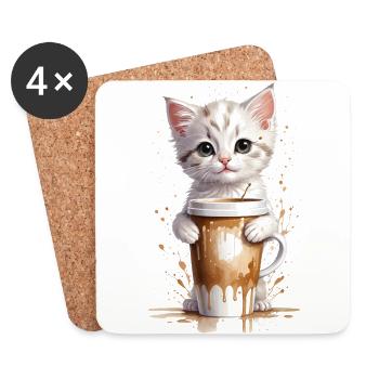 Chaton douillet et tasse à café - Aquarelle - Dessous de verre (lot de 4) - blanc - Devant
