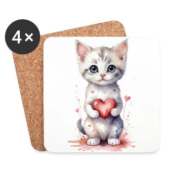 Purrfect Love - Katze mit Herz Aquarell - Untersetzer (4er-Set) - Weiß - Vorne