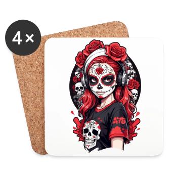 Sugar Skull Girl with Red Hair and White Headband - Coasters (set of 4) - white - Front