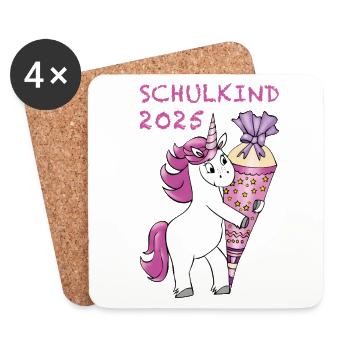 Licorne avec cône de sucre Inscription à l’école Enfant de l’école 2025 - Dessous de verre (lot de 4) - blanc - Devant