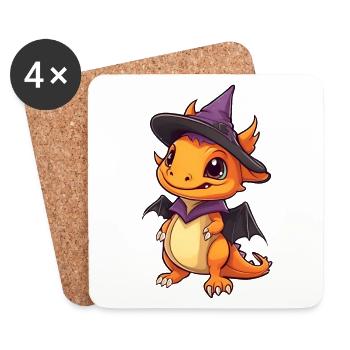 Mignon dragon d’Halloween avec chapeau de sorcière. - Dessous de verre (lot de 4) - blanc - Devant