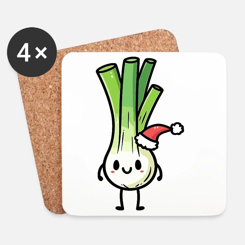 Kawaii Lauch mit Weihnachtsmütze - Untersetzer (4er-Set) - Weiß