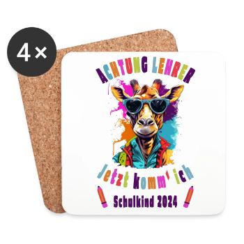 Schulkind 2024 - Achtung Lehrer! - Coole Giraffe - Untersetzer (4er-Set) - Weiß - Vorne