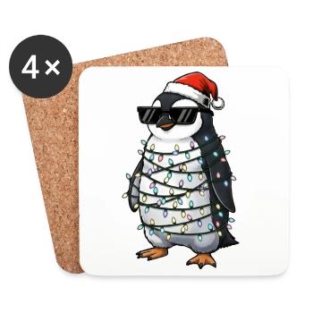 Cute Penguin Christmas with Fairy Lights Cartoon - Coasters (set of 4) - white - Front