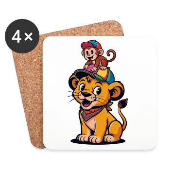 Lion et Singe mignons – Style dessin animé Best Friends - Dessous de verre (lot de 4) - blanc - Devant