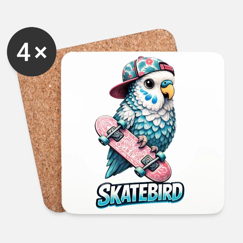 Blauer Skatebird – Coole Papagei-Illustration mit  - Untersetzer (4er-Set) - Weiß