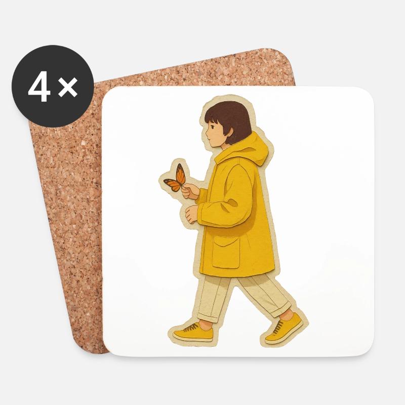 Junge in gelber Jacke mit Schmetterling - Untersetzer (4er-Set) - Weiß