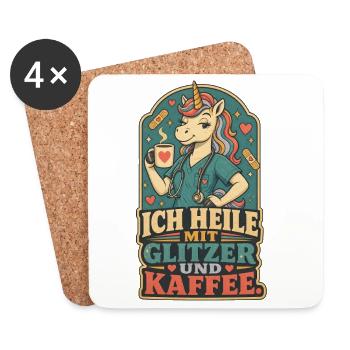 Einhorn Pflege Glitzer Kaffee Shirt - Untersetzer (4er-Set) - Weiß - Vorne