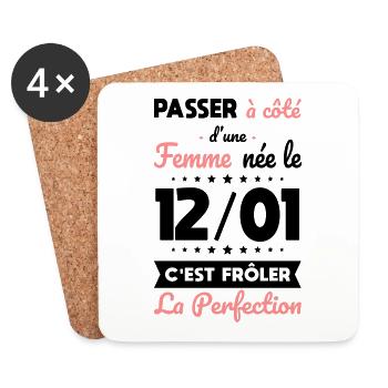Anniversaire - Née le 12 Janvier Frôler perfection - Dessous de verre (lot de 4) - blanc - Devant
