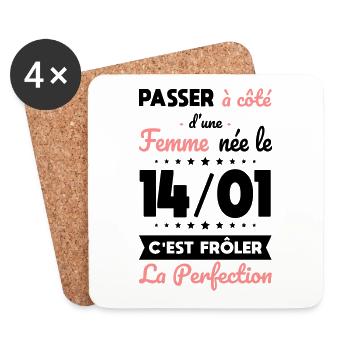 Anniversaire - Née le 14 Janvier Frôler perfection - Dessous de verre (lot de 4) - blanc - Devant