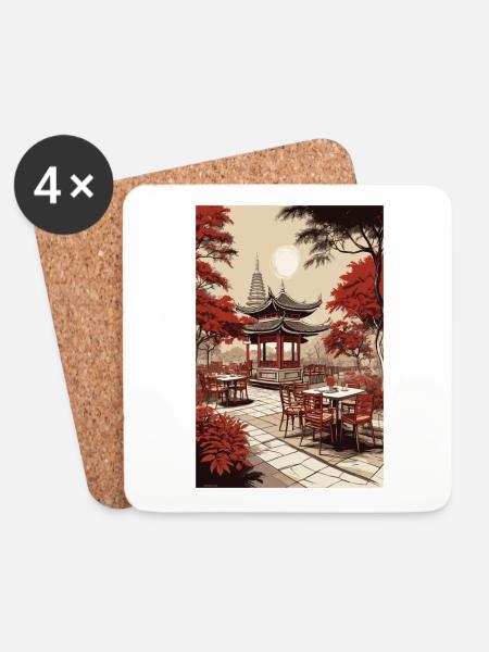 Asiatisches Kaffee - Untersetzer (4er-Set) - Weiß