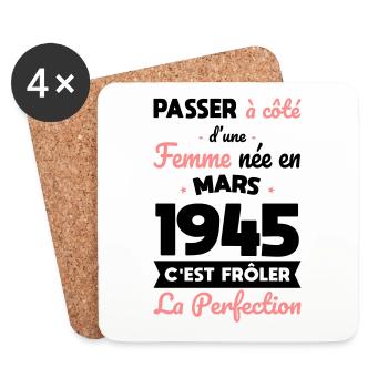 Anniversaire 80 ans - Née en Mars 1945 - Dessous de verre (lot de 4) - blanc - Devant