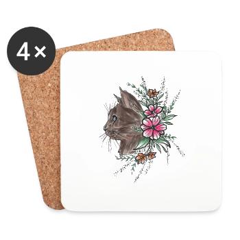 Cat with Flowers Tattoo Art Cat Flowers colorful - Coasters (set of 4) - white - Front