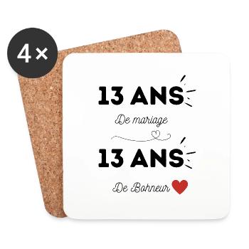 13 ans de MARIAGE / 13 ans de BOHNEUR - cadeau - Dessous de verre (lot de 4) - blanc - Devant