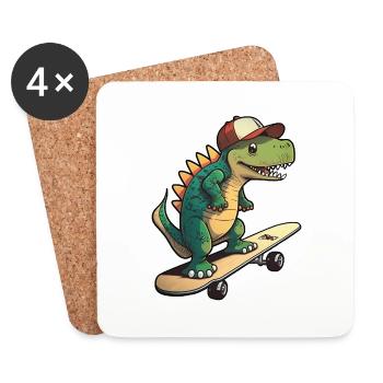 Dino Dinosaurier auf Skateboard mit Mütze Cap - Untersetzer (4er-Set) - Weiß - Vorne