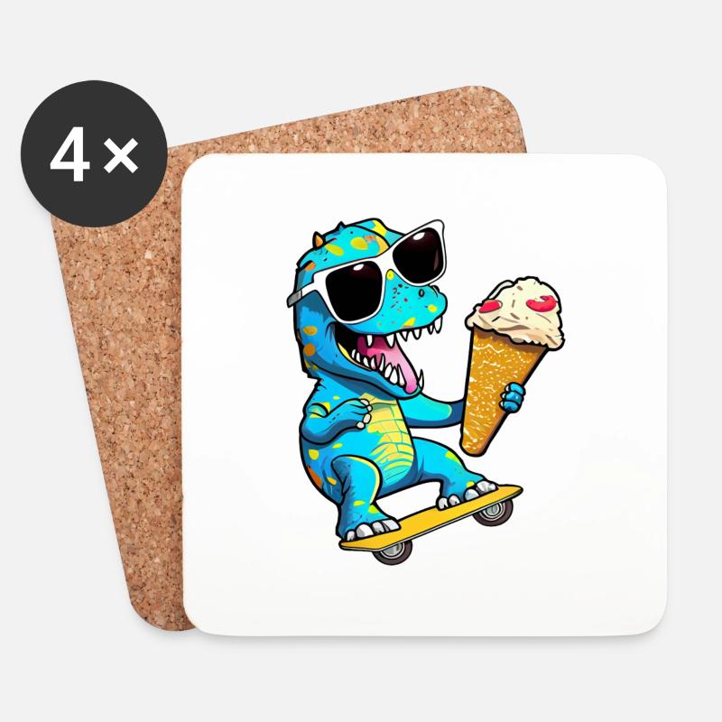 Dino Dinosaurier auf Skateboard der Eiscreme isst - Untersetzer (4er-Set) - Weiß